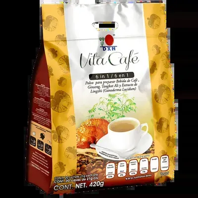 Taza de Vita Cafe 6 en 1 de DXN, una bebida premium con Ganoderma, Ginseng y Tongkat Ali, diseñada para la energía y la vitalidad.