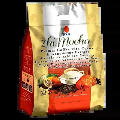 Una taza gourmet de Zhi Mocha de DXN, la combinación perfecta de café y chocolate con Ganoderma para un momento de placer y bienestar.