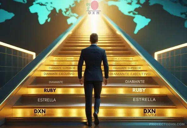 Una escalera de éxito que representa el plan de negocio y los rangos de DXN, un camino hacia el crecimiento y la libertad financiera.