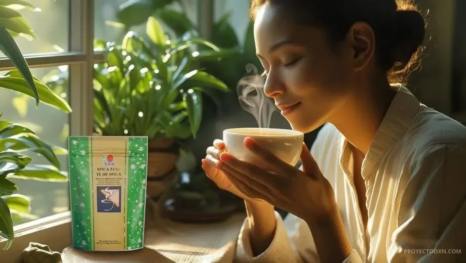 Una persona relajándose con una taza de Té de Spica DXN, para manejar el estrés y encontrar el bienestar emocional.